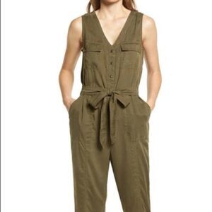 SUSINA MILITARY CARGO JUMPSUIT BUTTON FRONT SLEEVELESS OLIVE ARMY GREEN XS NWT